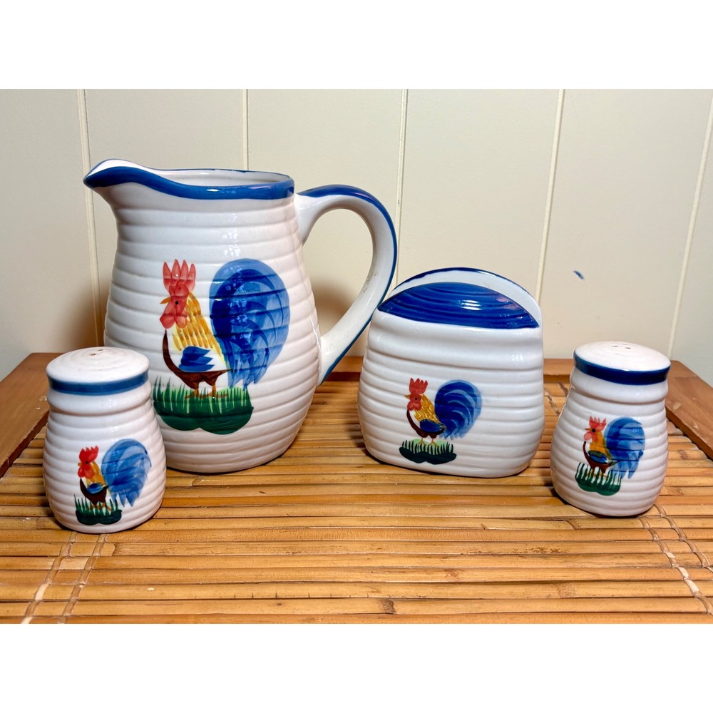 Alco Industries Country Rooster Ceramic 4 pc. Kitchenware set Farmhouse Cottage